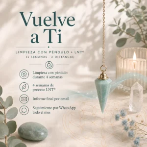 Vuelve a Ti: limpieza con péndulo y proceso LNT® durante 4 semanas a distancia, con informe final y seguimiento por WhatsApp.