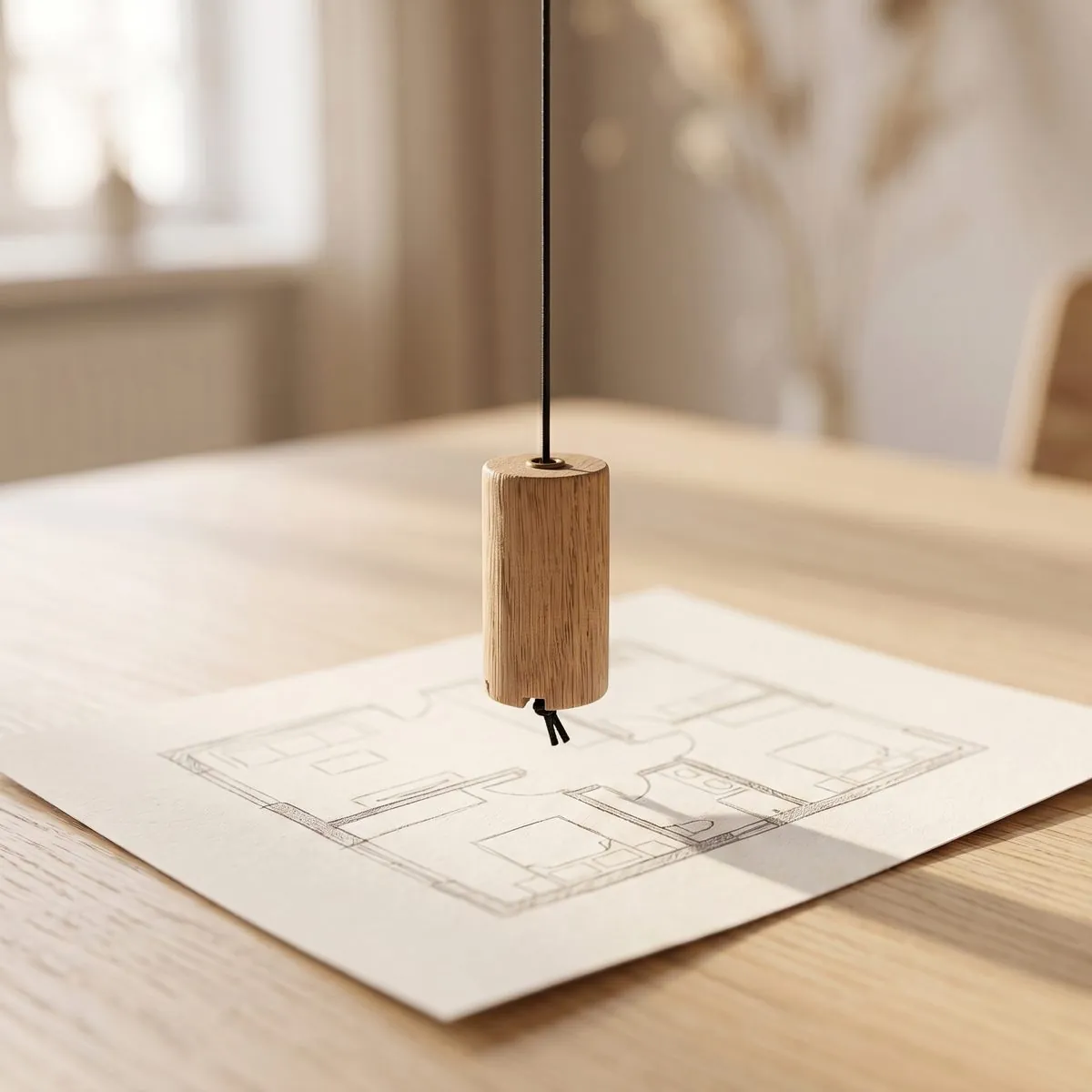 Péndulo hebreo sobre el plano de una vivienda durante una limpieza energética a distancia