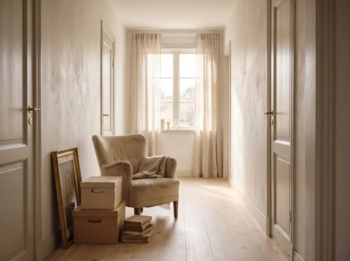 Pasillo con muebles viejos y cajas, señal de energía estancada en casa
